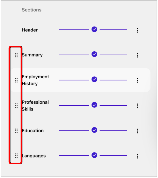 Drag handle used to reorder resume sections