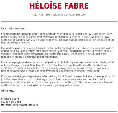 Cover Letter For Restaurant Job