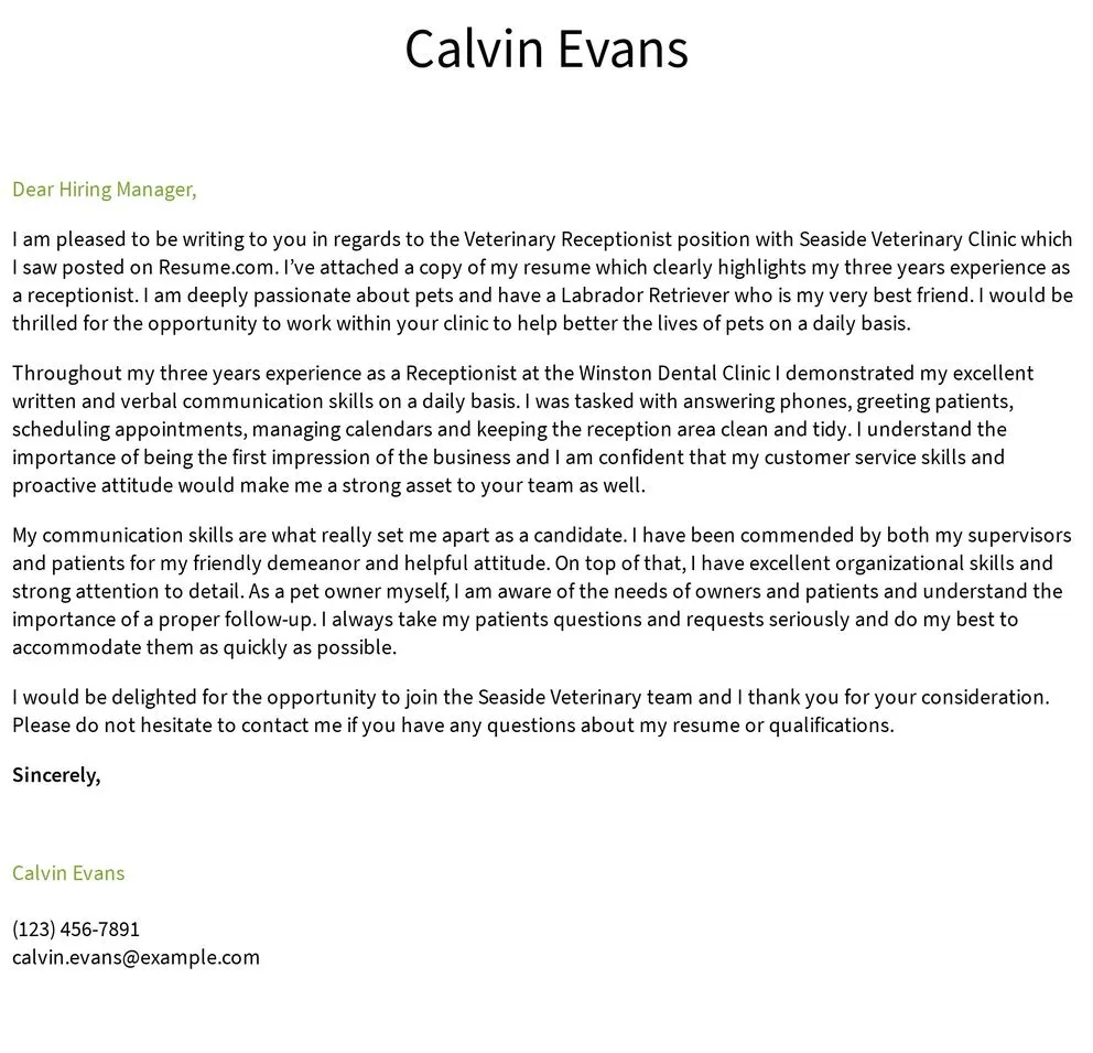 Veterinary Receptionist Cover Letter Examples, Samples & Templates |  